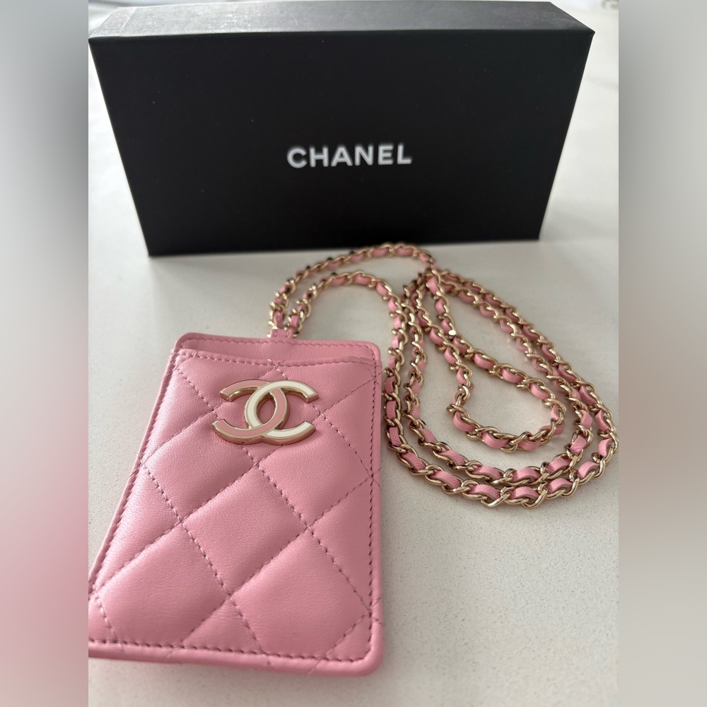 Chanel Pink Quilted Card Holder with Chain